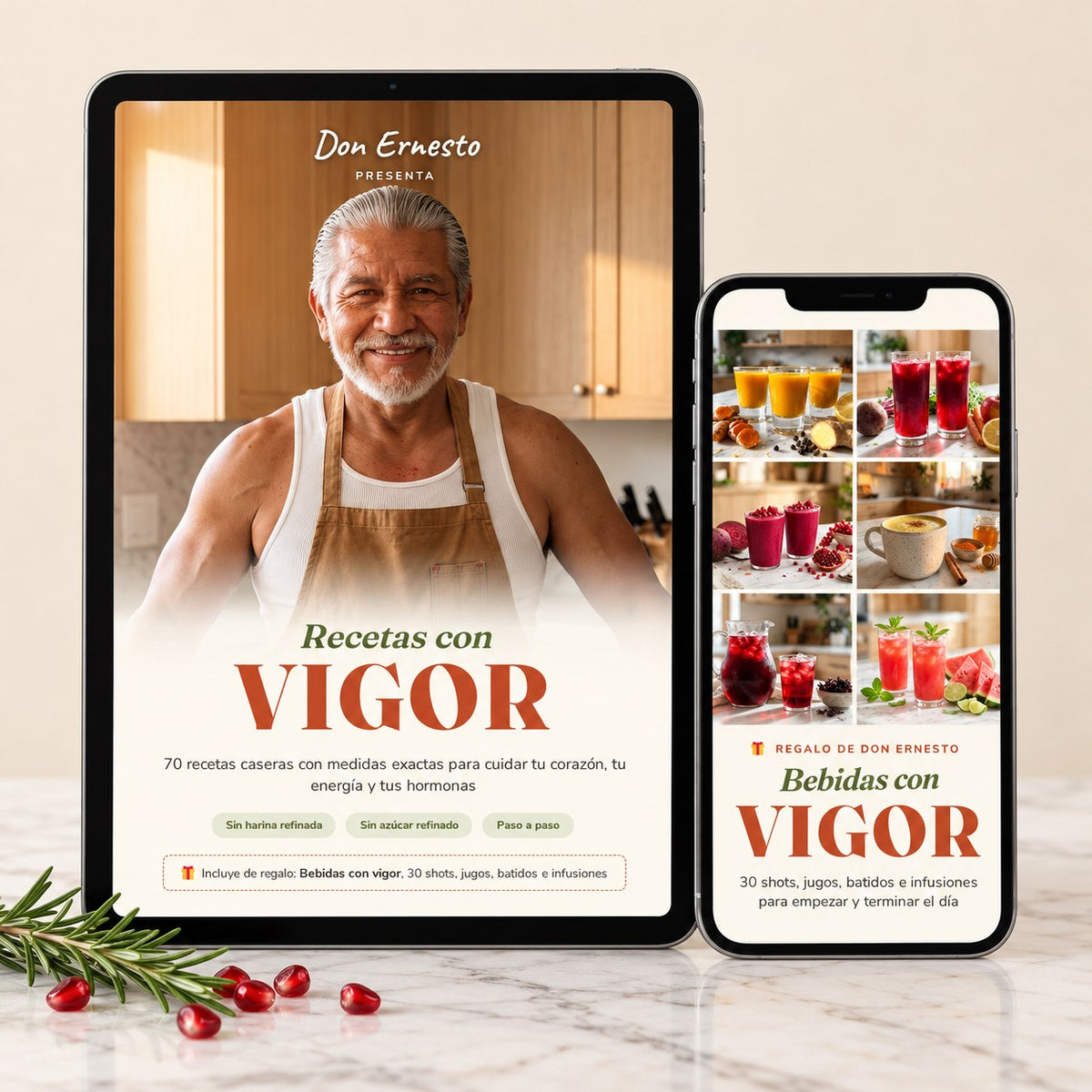 Recetas con vigor en tablet y Bebidas con vigor en el móvil