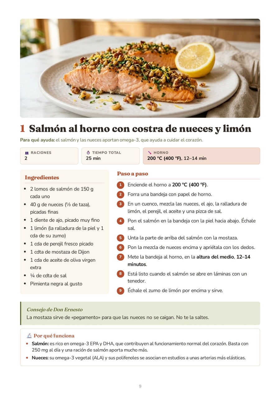 Página de ejemplo del recetario: salmón con costra de nueces